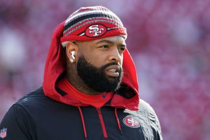 Sep 26, 2021; Santa Clara, California, USA; San Francisco 49ers offensive tackle Trent Williams (71) walks on the field before the game against the Green Bay Packers at Levi's Stadium. Mandatory Credit: Darren Yamashita-USA TODAY Sports