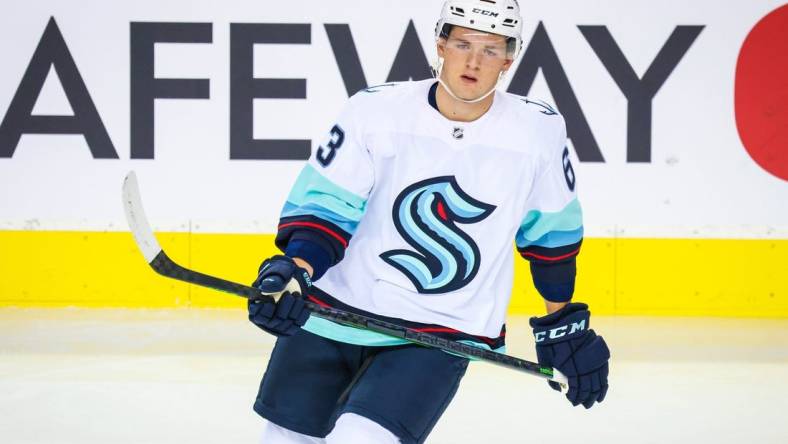 Sep 29, 2021; Calgary, Alberta, CAN; Seattle Kraken left wing Jacob Melanson (63) skates during the warmup period against the Calgary Flames at Scotiabank Saddledome. Mandatory Credit: Sergei Belski-USA TODAY Sports