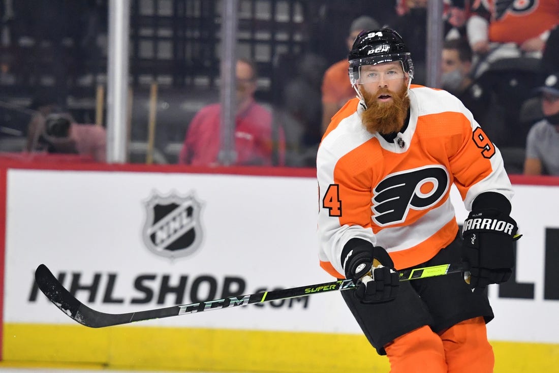 Sep 28, 2021; Philadelphia, Pennsylvania, USA; Philadelphia Flyers defenseman Ryan Ellis (94) against the New York Islanders at Wells Fargo Center. Mandatory Credit: Eric Hartline-USA TODAY Sports