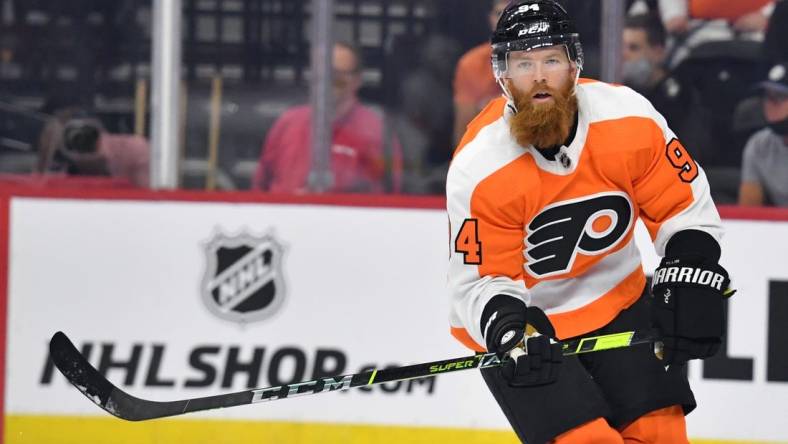 Sep 28, 2021; Philadelphia, Pennsylvania, USA; Philadelphia Flyers defenseman Ryan Ellis (94) against the New York Islanders at Wells Fargo Center. Mandatory Credit: Eric Hartline-USA TODAY Sports