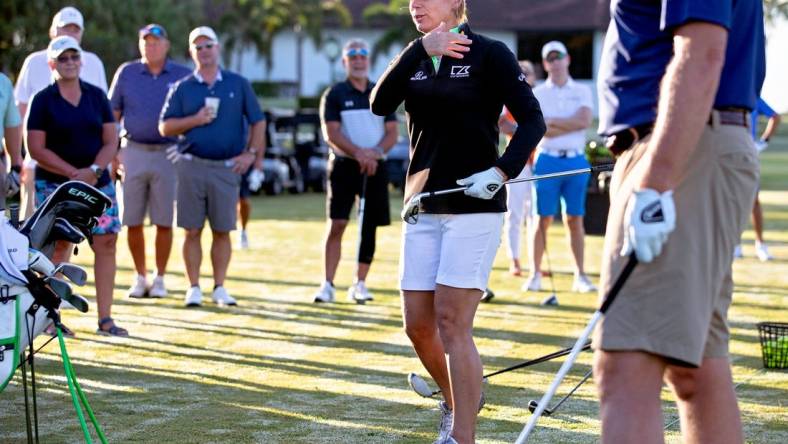 Annika Sorenstam talks technique during a charity golf clinic presented by Jack Nicklaus, Sorenstam and Ernie Els at PGA National in Palm Beach Gardens Monday, October 4, 2021.