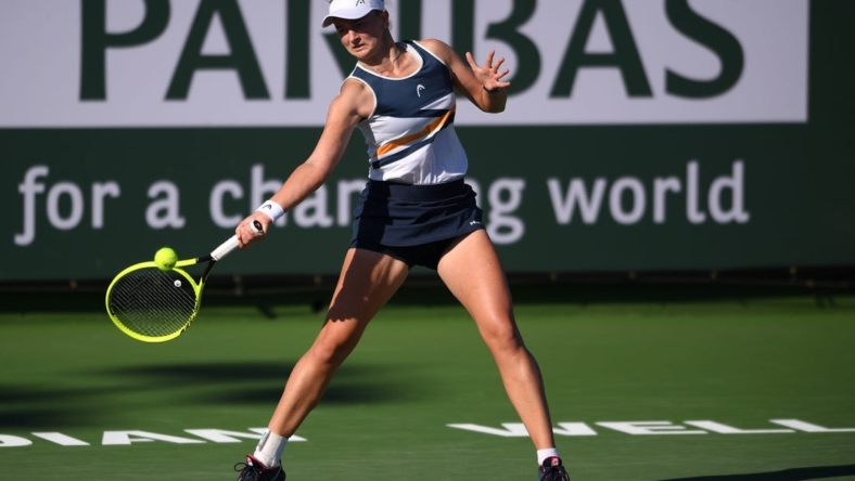 Oct 9, 2021; Indian Wells, CA, USA; Barbora Krejcikova (CZE) hits a shot against Zarina Diyas (KAZ) at Indian Wells Tennis Garden. Mandatory Credit: Orlando Ramirez-USA TODAY Sports