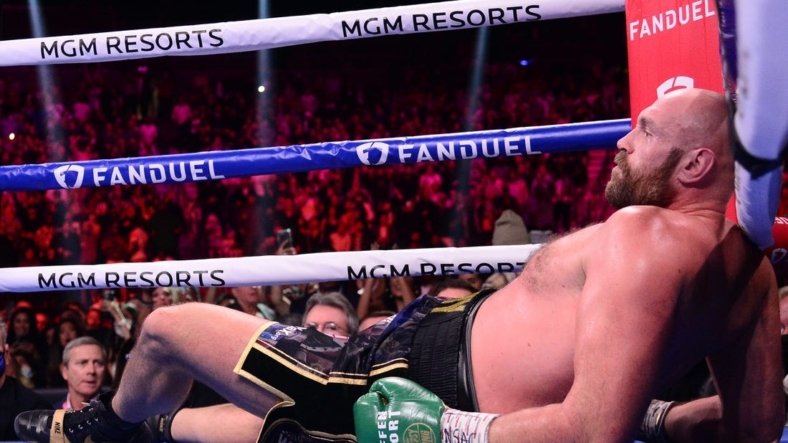Tyson Fury (black/gold trunks) pictured in 2021 during a WBC/Lineal heavyweight championship boxing match at T-Mobile Arena with Deontay Wilder. Mandatory Credit: Joe Camporeale-USA TODAY Sports