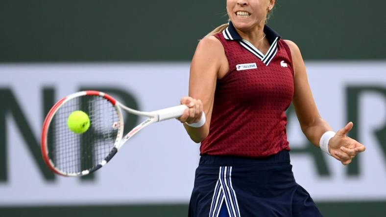 Oct 14, 2021; Indian Wells, CA, USA; Anett Kontaveit (EST) hits a shot against Ons Jabeur (TUN) in their quarterfinal match during the BNP Paribas Open at the Indian Wells Tennis Garden. Mandatory Credit: Jayne Kamin-Oncea-USA TODAY Sports