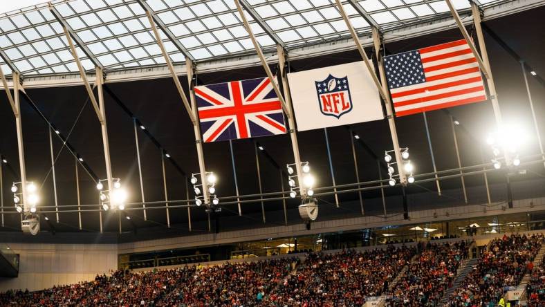 Oct 17, 2021; London, England, United Kingdom;  fans look on during a game featuring the Miami Dolphins and Jacksonville Jaguars at Tottenham Hotspur Stadium. Mandatory Credit: Nathan Ray Seebeck-USA TODAY Sports