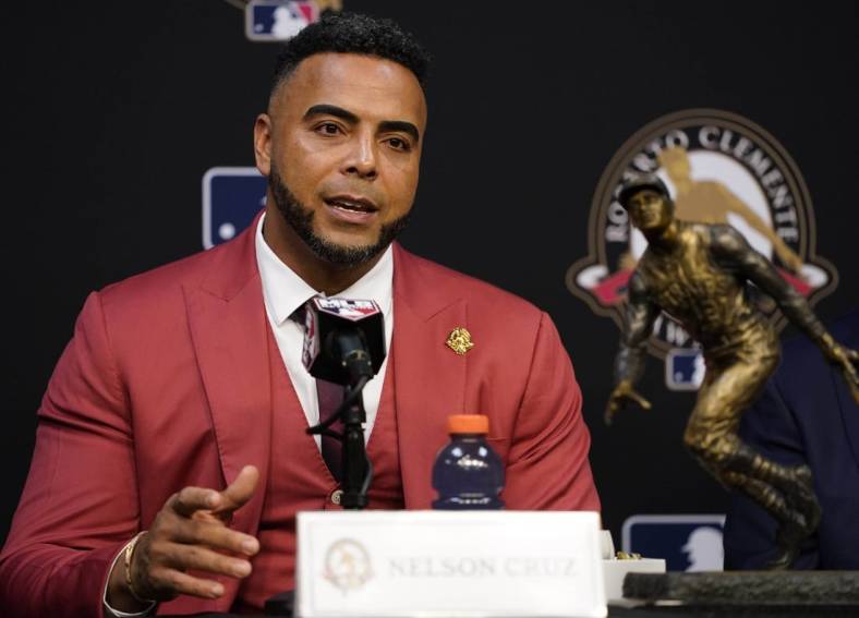 Oct 27, 2021; Houston, TX, USA; Roberto Clemente Award winner Tampa Bay Rays player Nelson Cruz at a press conference before game two of the 2021 World Series between the Houston Astros and the Atlanta Braves at Minute Maid Park. Mandatory Credit: Thomas Shea-USA TODAY Sports