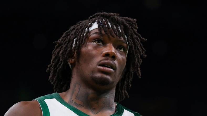 Nov 1, 2021; Boston, Massachusetts, USA; Boston Celtics center Robert Williams III (44) reacts during the second half against the Chicago Bulls at TD Garden. Mandatory Credit: Paul Rutherford-USA TODAY Sports