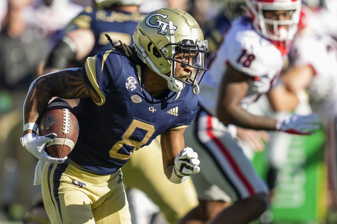 Nov 27, 2021; Atlanta, Georgia, USA; Georgia Tech Yellow Jackets wide receiver Nate McCollum (8) runs against the Georgia Bulldogs during the second half at Bobby Dodd Stadium. Mandatory Credit: Dale Zanine-USA TODAY Sports