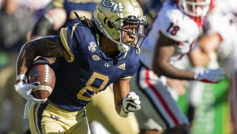 Nov 27, 2021; Atlanta, Georgia, USA; Georgia Tech Yellow Jackets wide receiver Nate McCollum (8) runs against the Georgia Bulldogs during the second half at Bobby Dodd Stadium. Mandatory Credit: Dale Zanine-USA TODAY Sports