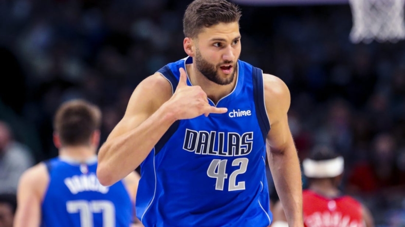 Dec 3, 2021; Dallas, Texas, USA;  Dallas Mavericks forward Maxi Kleber (42) reacts after scoring against the New Orleans Pelicans during the first quarter at American Airlines Center. Mandatory Credit: Kevin Jairaj-USA TODAY Sports