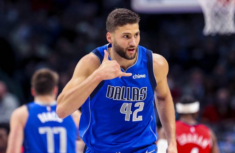 Dec 3, 2021; Dallas, Texas, USA;  Dallas Mavericks forward Maxi Kleber (42) reacts after scoring against the New Orleans Pelicans during the first quarter at American Airlines Center. Mandatory Credit: Kevin Jairaj-USA TODAY Sports