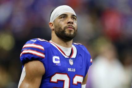Nov 25, 2021; New Orleans, Louisiana, USA; Buffalo Bills safety Micah Hyde (23) on the sidelines in the second half of their game against the New Orleans Saints at the Caesars Superdome. Mandatory Credit: Chuck Cook-USA TODAY Sports