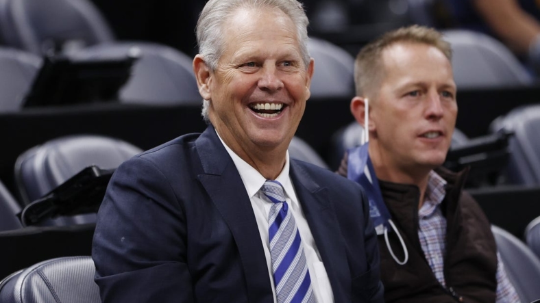 Dec 15, 2021; Salt Lake City, Utah, USA;  Danny Ainge watches pregame activities after he was Appointed Alternate Governor and CEO of Utah Jazz Basketball prior to their game against the LA Clippers at Vivint Arena. Mandatory Credit: Jeffrey Swinger-USA TODAY Sports
