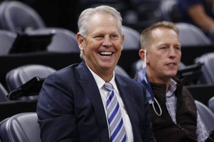Dec 15, 2021; Salt Lake City, Utah, USA;  Danny Ainge watches pregame activities after he was Appointed Alternate Governor and CEO of Utah Jazz Basketball prior to their game against the LA Clippers at Vivint Arena. Mandatory Credit: Jeffrey Swinger-USA TODAY Sports
