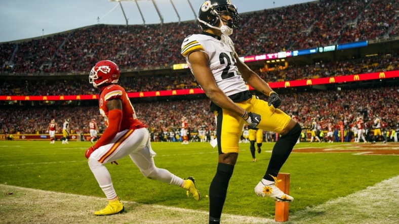 Dec 26, 2021; Kansas City, Missouri, USA; Pittsburgh Steelers cornerback Ahkello Witherspoon (25) celebrates after breaking up a pass intended for Kansas City Chiefs wide receiver Josh Gordon (19) during the first half at GEHA Field at Arrowhead Stadium. Mandatory Credit: Jay Biggerstaff-USA TODAY Sports
