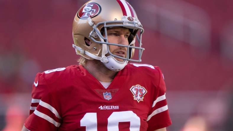 Jan 2, 2022; Santa Clara, California, USA;  San Francisco 49ers punter Mitch Wishnowsky (18) before the game against the Houston Texans at Levi's Stadium. Mandatory Credit: Stan Szeto-USA TODAY Sports