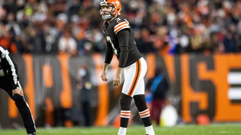 Dec 20, 2021; Cleveland, Ohio, USA; Cleveland Browns kicker Chase McLaughlin (3) lines up for a field goal against the Las Vegas Raiders during the fourth quarter at FirstEnergy Stadium. Mandatory Credit: Scott Galvin-USA TODAY Sports