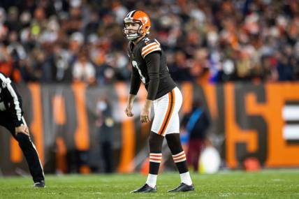 Dec 20, 2021; Cleveland, Ohio, USA; Cleveland Browns kicker Chase McLaughlin (3) lines up for a field goal against the Las Vegas Raiders during the fourth quarter at FirstEnergy Stadium. Mandatory Credit: Scott Galvin-USA TODAY Sports
