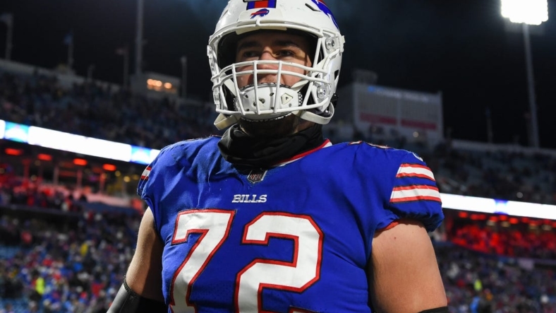 Jan 9, 2022; Orchard Park, New York, USA; Buffalo Bills offensive tackle Tommy Doyle (72) following the game against the New York Jets at Highmark Stadium. Mandatory Credit: Rich Barnes-USA TODAY Sports