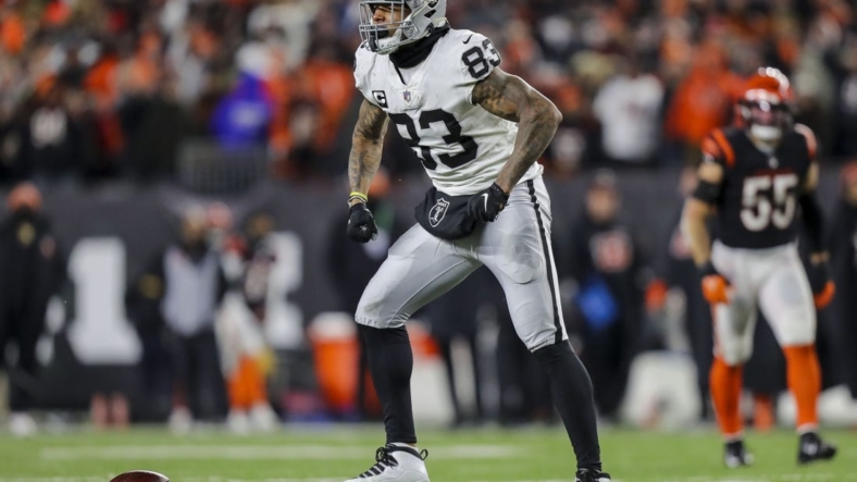 Jan 15, 2022; Cincinnati, Ohio, USA; Las Vegas Raiders tight end Darren Waller (83) reacts after moving the ball forward against the Cincinnati Bengals in the second half in an AFC Wild Card playoff football game at Paul Brown Stadium. Mandatory Credit: Katie Stratman-USA TODAY Sports