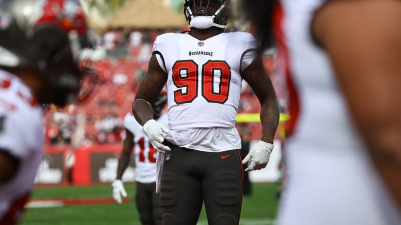 Jan 16, 2022; Tampa, Florida, USA;Tampa Bay Buccaneers outside linebacker Jason Pierre-Paul (90) prior to the game  in a NFC Wild Card playoff football game at Raymond James Stadium. Mandatory Credit: Kim Klement-USA TODAY Sports