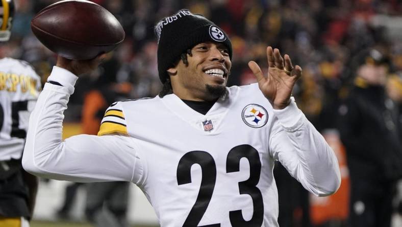 Jan 16, 2022; Kansas City, Missouri, USA; Pittsburgh Steelers cornerback Joe Haden (23) warms up against the Kansas City Chiefs in an AFC Wild Card playoff football game at GEHA Field at Arrowhead Stadium. Mandatory Credit: Denny Medley-USA TODAY Sports