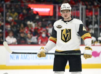 Jan 24, 2022; Washington, District of Columbia, USA; Vegas Golden Knights center Nolan Patrick (41) on the ice against the Washington Capitals during the second period at Capital One Arena. Mandatory Credit: Brad Mills-USA TODAY Sports