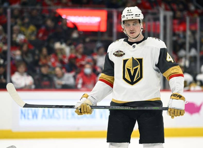 Jan 24, 2022; Washington, District of Columbia, USA; Vegas Golden Knights center Nolan Patrick (41) on the ice against the Washington Capitals during the second period at Capital One Arena. Mandatory Credit: Brad Mills-USA TODAY Sports