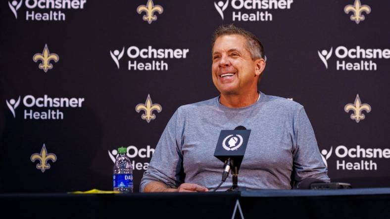 Jan 25, 2022; Metairie, LA, USA;  New Orleans Saints head coach Sean Payton speaks during a press conference at Ochsner Sports Performance Center. Mandatory Credit: Andrew Wevers-USA TODAY Sports