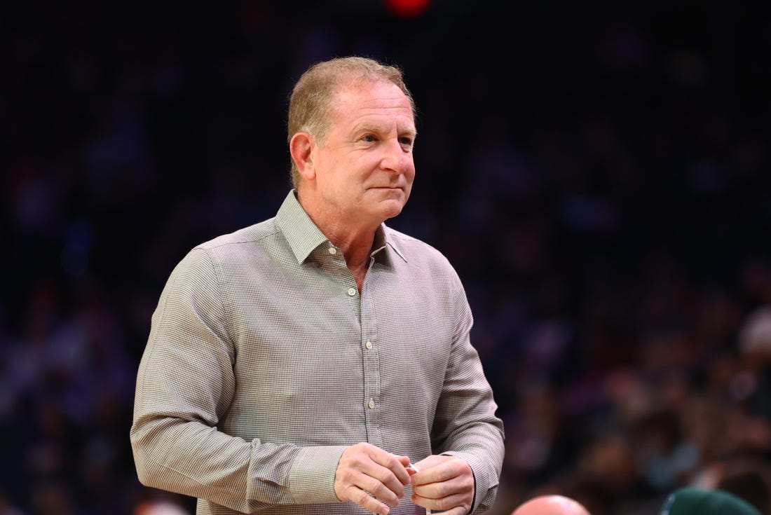 Jan 28, 2022; Phoenix, Arizona, USA; Phoenix Suns owner Robert Sarver courtside of the game against the Minnesota Timberwolves at Footprint Center. Mandatory Credit: Mark J. Rebilas-USA TODAY Sports