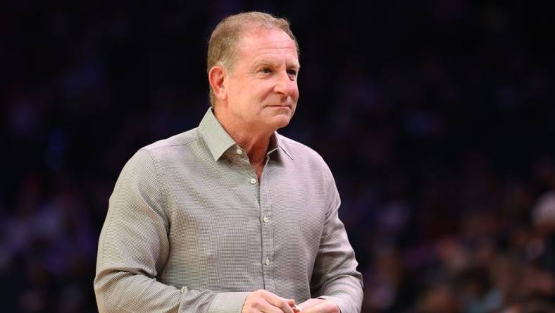 Jan 28, 2022; Phoenix, Arizona, USA; Phoenix Suns owner Robert Sarver courtside of the game against the Minnesota Timberwolves at Footprint Center. Mandatory Credit: Mark J. Rebilas-USA TODAY Sports