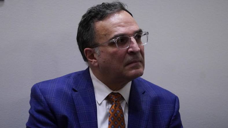 Jan 31, 2022; Lake Forest, IL, USA; Chicago Bears President Ted Phillips watches Chicago Bears-Head Coach Matt Eberflus (not pictured) speaks during a Press Conference Mandatory Credit: David Banks-USA TODAY Sports