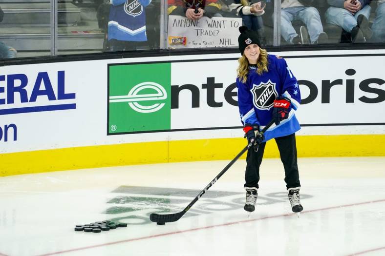 Feb 4, 2022; Las Vegas, Nevada, USA; Former American hockey player Jocelyne Lamoureux-Davidson is seen during the 2022 NHL All-Star Game Skills Competition at T-Mobile Arena. Mandatory Credit: Lucas Peltier-USA TODAY Sports
