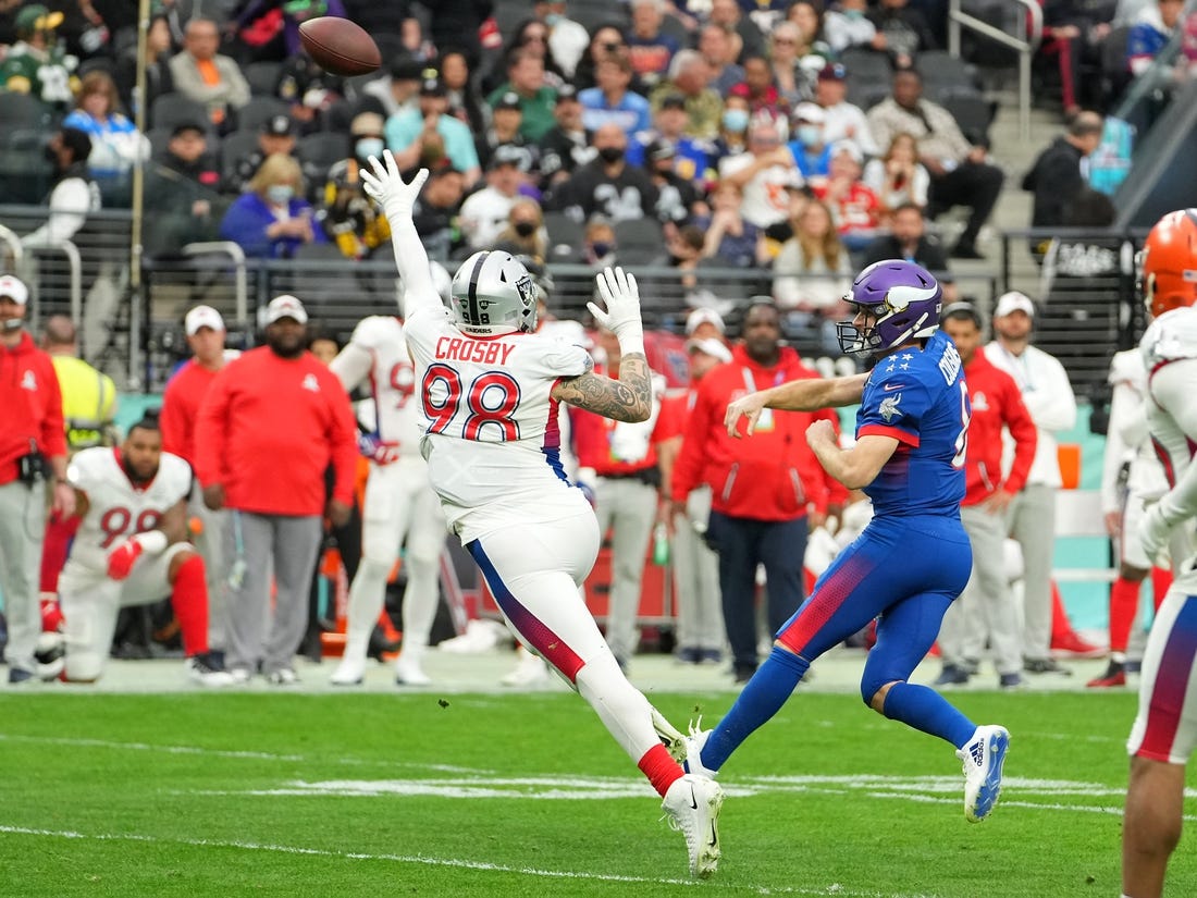 Feb 6, 2022; Paradise, Nevada, USA; AFC defensive end Maxx Crosby of the Las Vegas Raiders (98) pressures NFC quarterback Kirk Cousins of the Minnesota Vikings (8) during the Pro Bowl football game at Allegiant Stadium. Mandatory Credit: Stephen R. Sylvanie-USA TODAY Sports