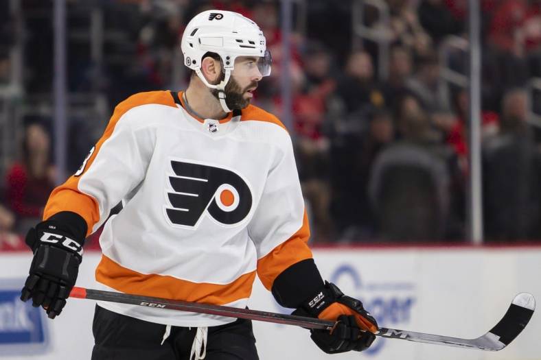 Feb 12, 2022; Detroit, Michigan, USA; Philadelphia Flyers defenseman Keith Yandle (3) looks on during the second period against the Detroit Red Wings at Little Caesars Arena. Mandatory Credit: Raj Mehta-USA TODAY Sports
