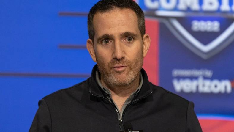 Mar 2, 2022; Indianapolis, IN, USA; Philadelphia Eagles general manger Howie Roseman talks to the media during the 2022 NFL Combine. Mandatory Credit: Trevor Ruszkowski-USA TODAY Sports