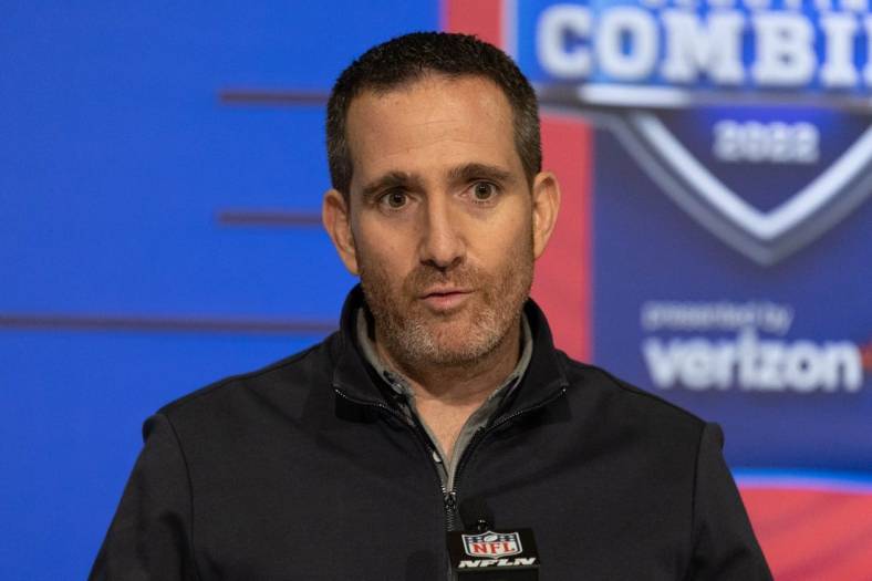 Mar 2, 2022; Indianapolis, IN, USA; Philadelphia Eagles general manger Howie Roseman talks to the media during the 2022 NFL Combine. Mandatory Credit: Trevor Ruszkowski-USA TODAY Sports