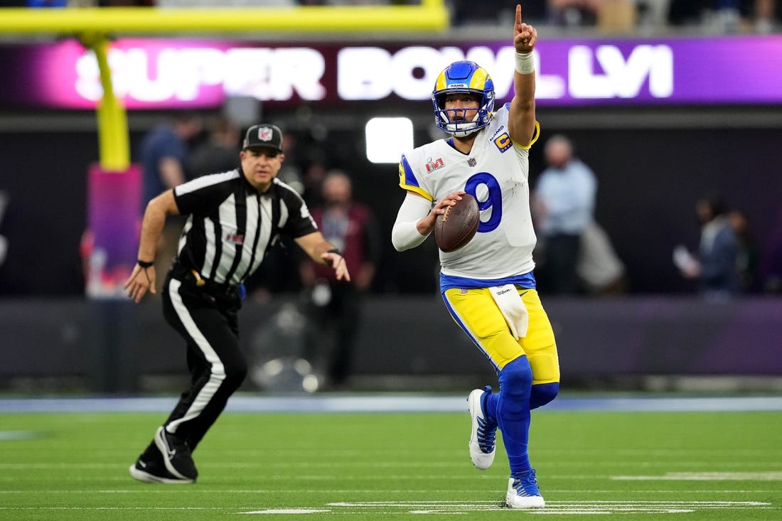 Los Angeles Rams quarterback Matthew Stafford (9) gestures downfield in the second quarter during Super Bowl 56 against the Cincinnati Bengals, Sunday, Feb. 13, 2022, at SoFi Stadium in Inglewood, Calif. The Cincinnati Bengals lost, 23-20.

Nfl Super Bowl 56 Los Angeles Rams Vs Cincinnati Bengals Feb 13 2022 1393