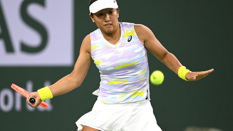 Mar 11, 2022; Indian Wells, CA, USA; Claire Liu (USA) hits a shot against Coco Gauff (not pictured) in her 2nd round match at the BNP Paribas Open at the Indian Wells Tennis Garden. Mandatory Credit: Jayne Kamin-Oncea-USA TODAY Sports