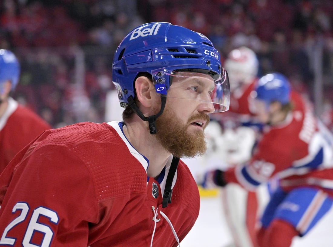 Mar 19, 2022; Montreal, Quebec, CAN; Montreal Canadiens defenseman Jeff Petry (26) skates during the warmup period before a game against the Ottawa Senators at the Bell Centre. Mandatory Credit: Eric Bolte-USA TODAY Sports