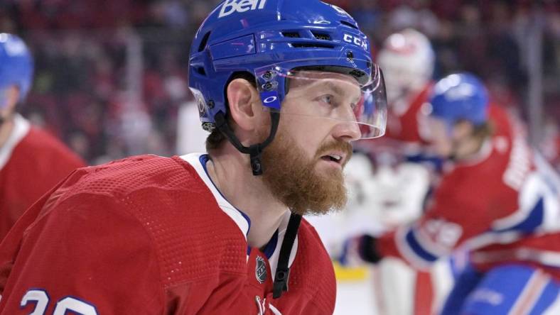 Mar 19, 2022; Montreal, Quebec, CAN; Montreal Canadiens defenseman Jeff Petry (26) skates during the warmup period before a game against the Ottawa Senators at the Bell Centre. Mandatory Credit: Eric Bolte-USA TODAY Sports