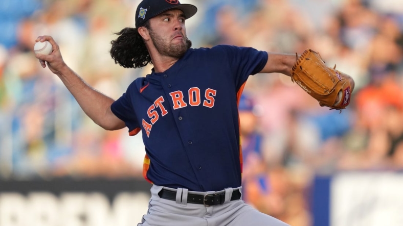 Mar 22, 2022; Port St. Lucie, Florida, USA; Houston Astros starting pitcher Peter Solomon (71) delivers a pitch in the third inning of the spring training game against the New York Mets at Clover Park. Mandatory Credit: Jasen Vinlove-USA TODAY Sports