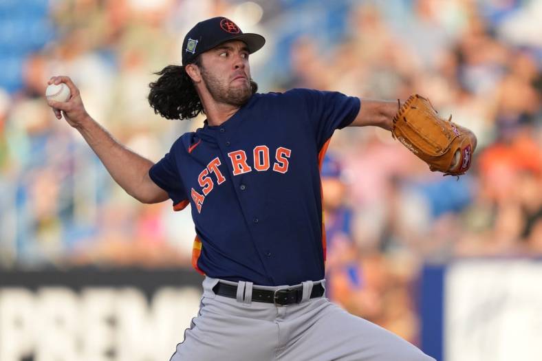 Mar 22, 2022; Port St. Lucie, Florida, USA; Houston Astros starting pitcher Peter Solomon (71) delivers a pitch in the third inning of the spring training game against the New York Mets at Clover Park. Mandatory Credit: Jasen Vinlove-USA TODAY Sports