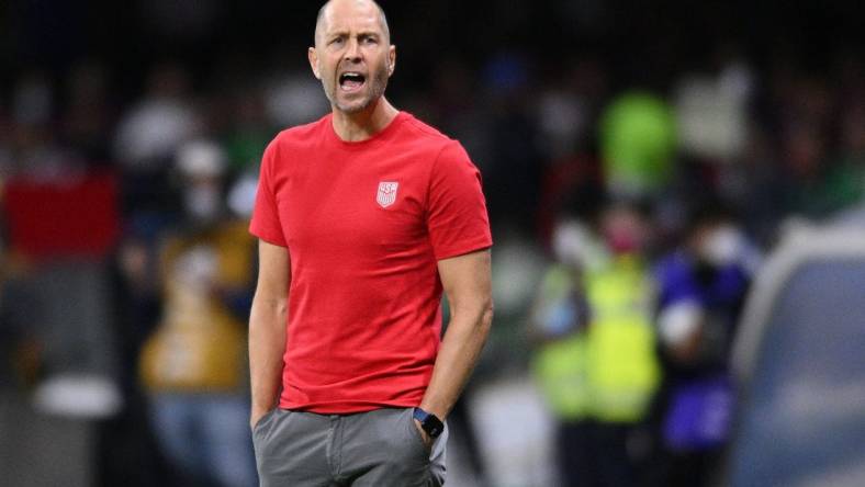 Mar 24, 2022; Mexico City, MEX; United States head coach Gregg Berhalter reacts from the sideline during the first half against Mexico during a FIFA World Cup Qualifier soccer match at Estadio Azteca. Mandatory Credit: Orlando Ramirez-USA TODAY Sports