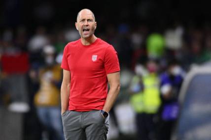 Mar 24, 2022; Mexico City, MEX; United States head coach Gregg Berhalter reacts from the sideline during the first half against Mexico during a FIFA World Cup Qualifier soccer match at Estadio Azteca. Mandatory Credit: Orlando Ramirez-USA TODAY Sports
