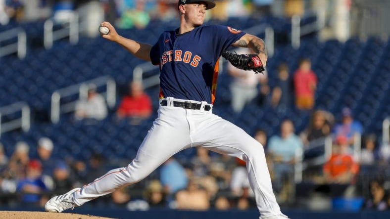 Mar 25, 2022; West Palm Beach, Florida, USA; Houston Astros starting pitcher Hunter Brown (68) delivers a pitch in the first inning of the game against the New York Mets during spring training at The Ballpark of the Palm Beaches. Mandatory Credit: Sam Navarro-USA TODAY Sports