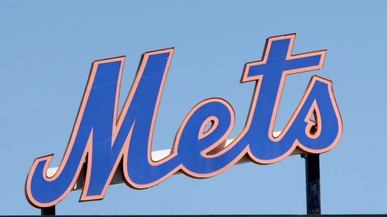 Mar 26, 2022; Port St. Lucie, Florida, USA;  The New York Mets logo stands in center field before the game against the Washington Nationals at Clover Park. Mandatory Credit: Reinhold Matay-USA TODAY Sports