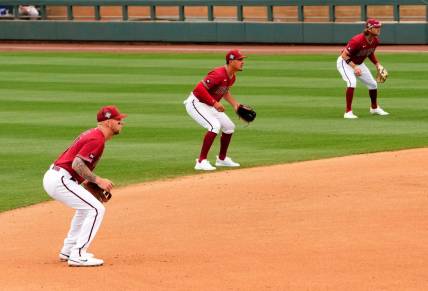 Arizona Diamondbacks infielders Drew Ellis, Josh Rojas, and Jake Hager shift to the right side of second base against the Los Angeles Dodgers in the fourth inning during a spring training game at Salt River Fields.

Baseball Los Angeles Dodgers At Arizona Diamondbacks