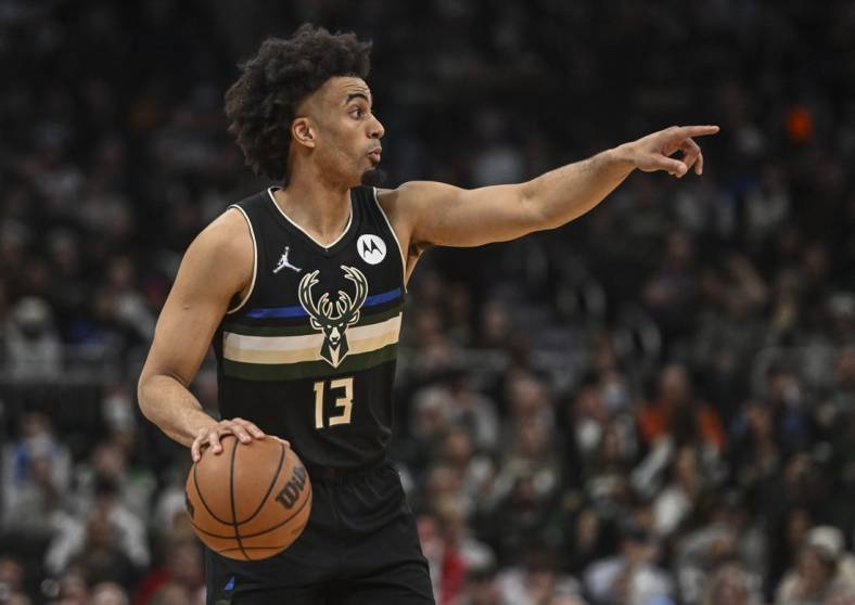 Apr 1, 2022; Milwaukee, Wisconsin, USA;  Milwaukee Bucks forward Jordan Nwora (13) calls a play in the third quarter during game against the Los Angeles Clippers at Fiserv Forum. Mandatory Credit: Benny Sieu-USA TODAY Sports