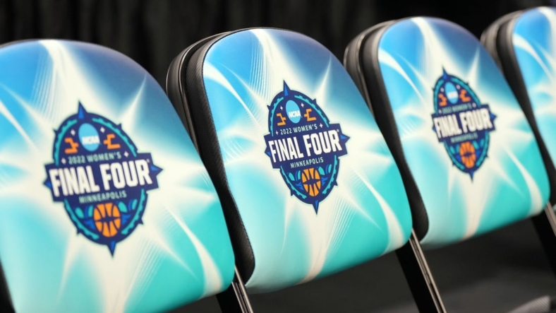 Apr 3, 2022; Minneapolis, MN, USA; The NCAA Final Four logo on seat cushions on the team benches before the championship game between the UConn Huskies and the South Carolina Gamecocks at Target Center. Mandatory Credit: Kirby Lee-USA TODAY Sports